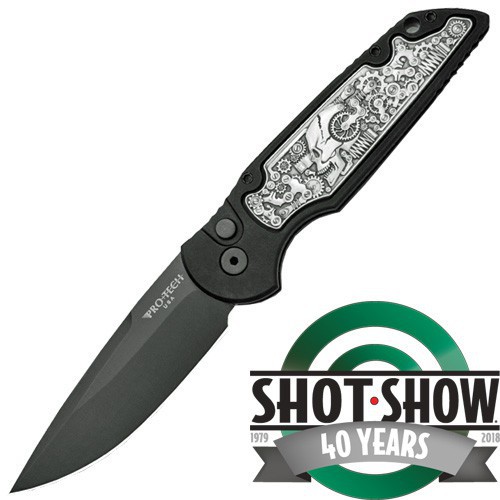 Pro-Tech TR-3 Shot Show 2018 Limited, Bruce Shaw "coin struck" Steampunk Inlay, Black Blade 8.89 cm, TR-3.51 Shaw Steampunk