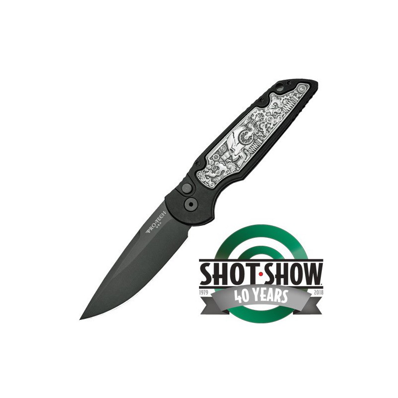 Pro-Tech TR-3 Shot Show 2018 Limited, Bruce Shaw "coin struck" Steampunk Inlay, Black Blade 8.89 cm, TR-3.51 Shaw Steampunk