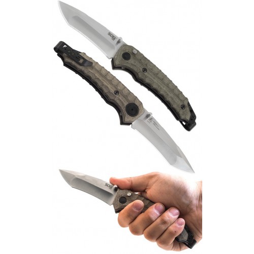 SOG iku Matsuda Folder, Green Linen Micarta Handle, Satin Finish VG-10 Blade