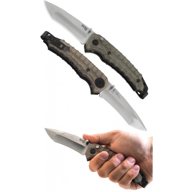 SOG iku Matsuda Folder, Green Linen Micarta Handle, Satin Finish VG-10 Blade