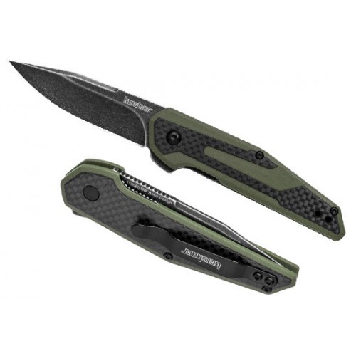 Kershaw Jens Anso Design "Fraxion" KVT Flipper, BlackWash 8Cr13MoV Bade, CF/OD Green G-10 Handle, 7.0 cm, 1160OLBW