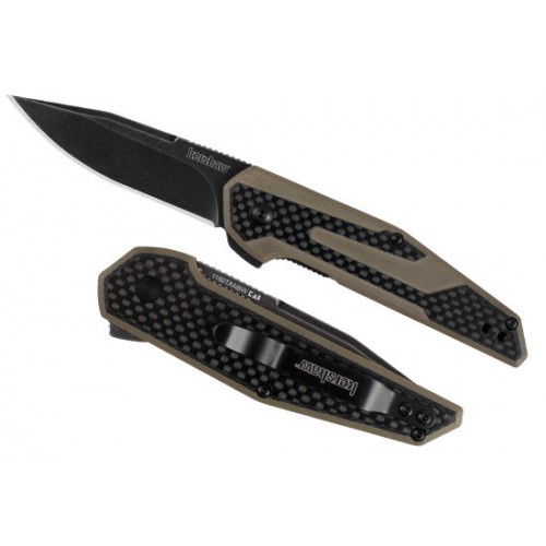 Kershaw Jens Anso Design "Fraxion" KVT Flipper, BlackWash 8Cr13MoV Bade, CF/Tan G-10 Handle, 7.0 cm, 1160TANBW