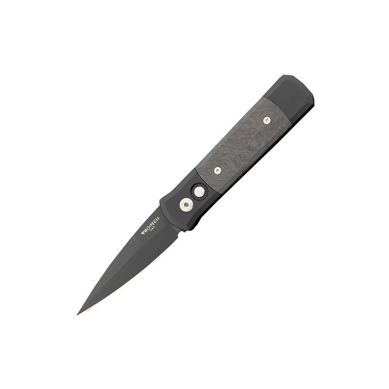 Pro-Tech Godson, Black DLC-Coated 154CM Blade, Black Aluminum Handle with Marbled Carbon Fiber Inlays 8.1 cm, 705-M