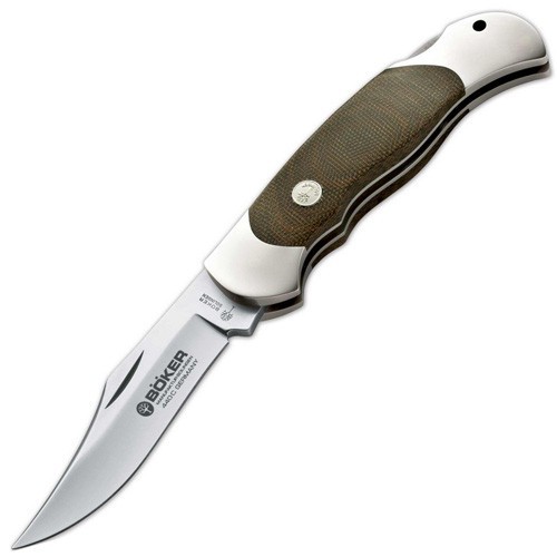 Boker Optima, Satin Finish 440C,  Nickel Silver Handle with Green Canvas Micarta Inlays 9.0 cm, 113005