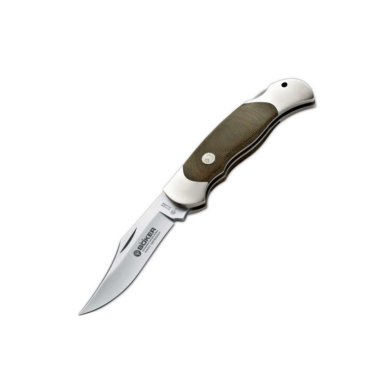 Boker Optima, Satin Finish 440C,  Nickel Silver Handle with Green Canvas Micarta Inlays 9.0 cm, 113005