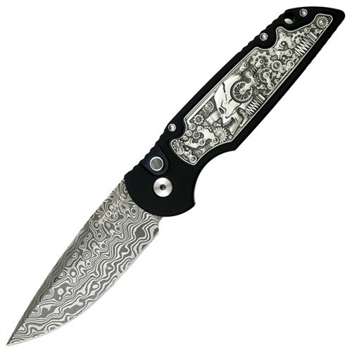 Pro-Tech TR-3 Limited Steampunk, Stainless Damascus, Black Alum Handle Bruce Shaw Pewter "coin struck" Inlay 8.8 cm, TR-3.50DM