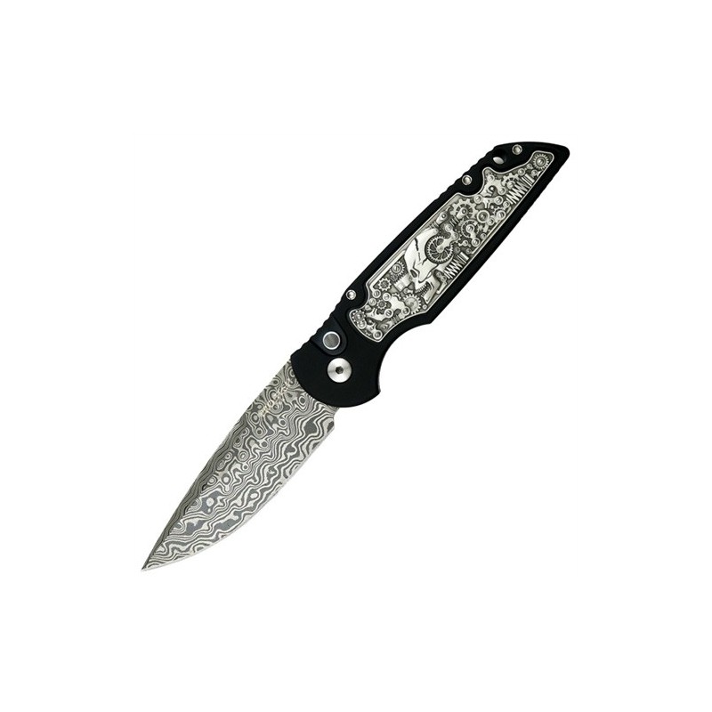 Pro-Tech TR-3 Limited Steampunk, Stainless Damascus, Black Alum Handle Bruce Shaw Pewter "coin struck" Inlay 8.8 cm, TR-3.50DM